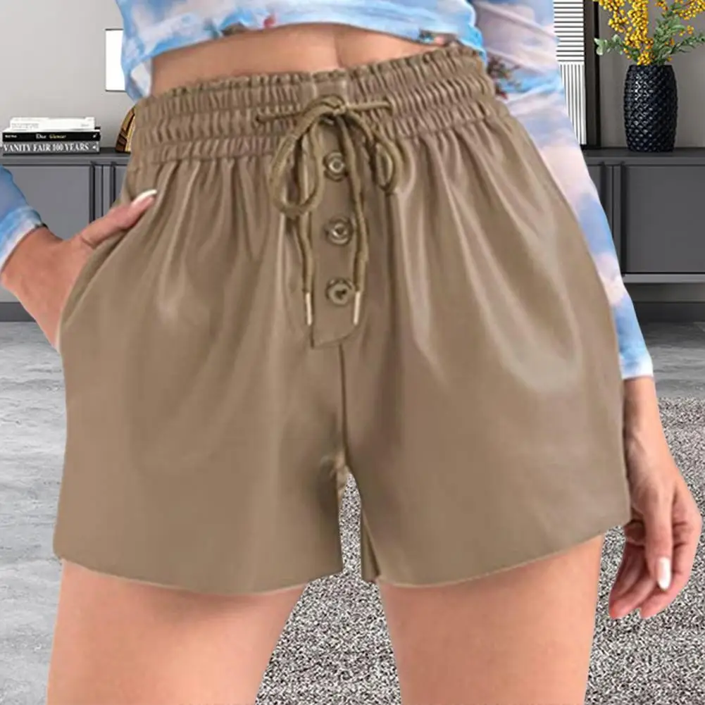 

Women Shorts Solid Color Casual Faux Leather Drawstring Black/Khaki Lady Drawstring Loose Short Pants Women's Clothing