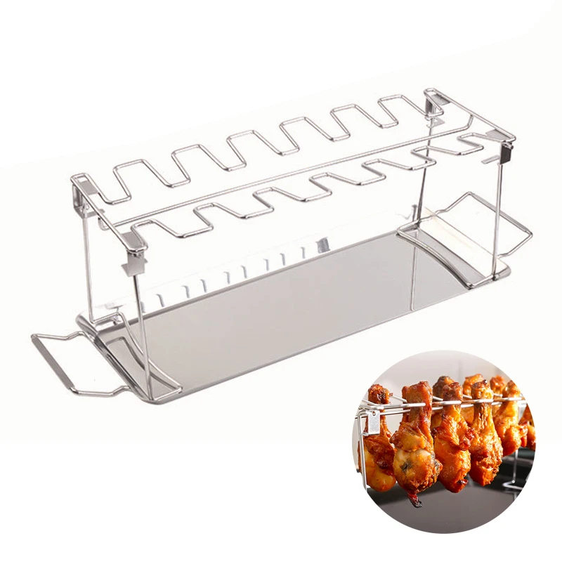 

BBQ Beef Chicken Leg Wing Grill Rack 14 Slots Stainless Steel Barbecue Drumsticks Holder Smoker Oven Roaster Stand with Drip Pan