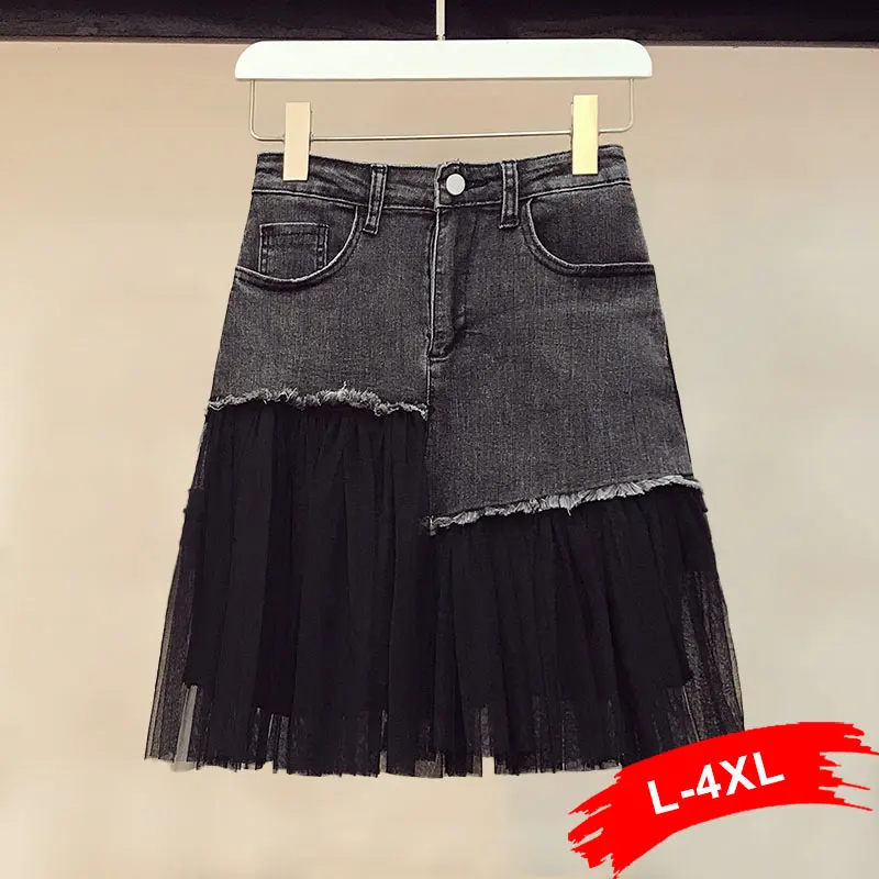 

Aesthetic Mesh Patchwork Asymmetric Ruffles Mini Denim Skirts 4XL Girl Streetwear Y2K Jeans Skirt Female Irregular Pleated Skirt