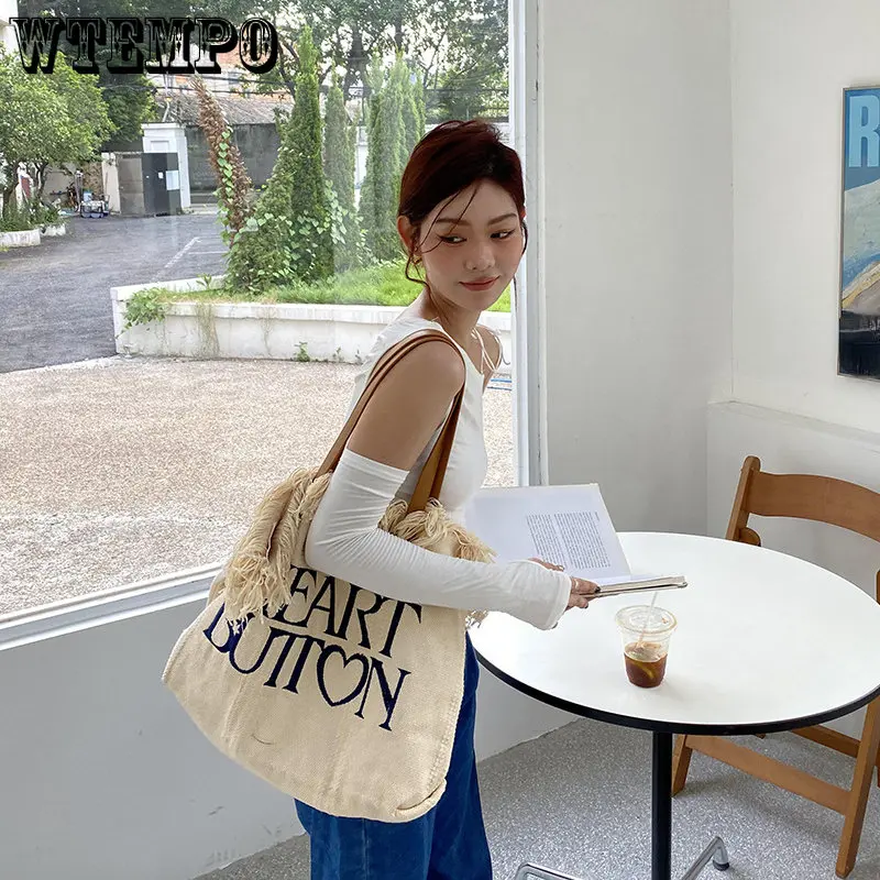 Letter Embroidered Shoulder Underarm Messenger Bag Tassel Canvas Bags Large Capacity Women's Beach Handbag Travel Shopping Tote
