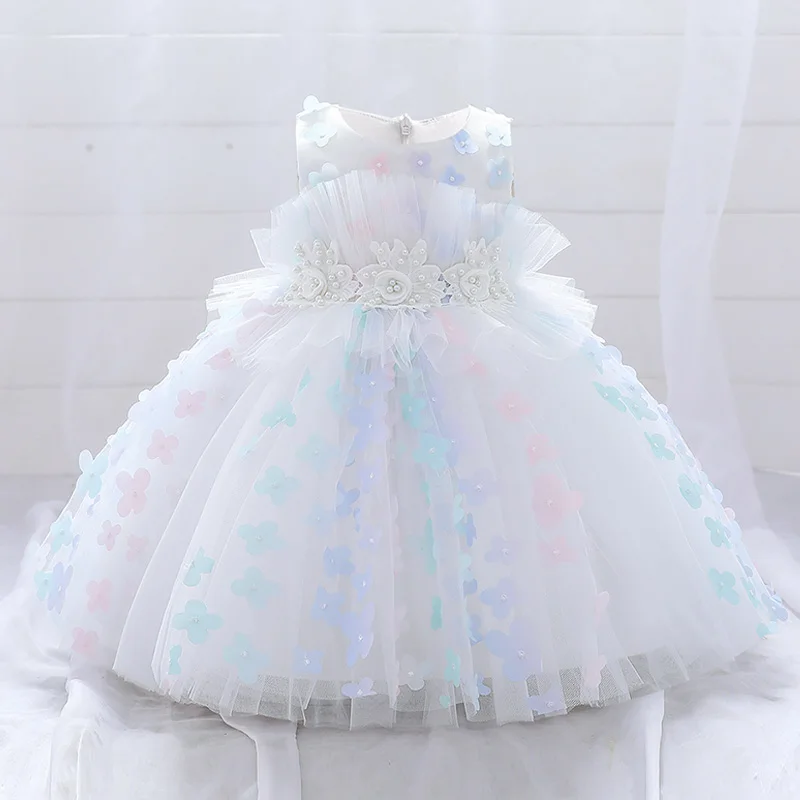 

White Pink Baby Lush DressToddler Girl Flowers Baptism Dress For 1 Years Birthday Party Wedding Princess Dress Kids Clothes