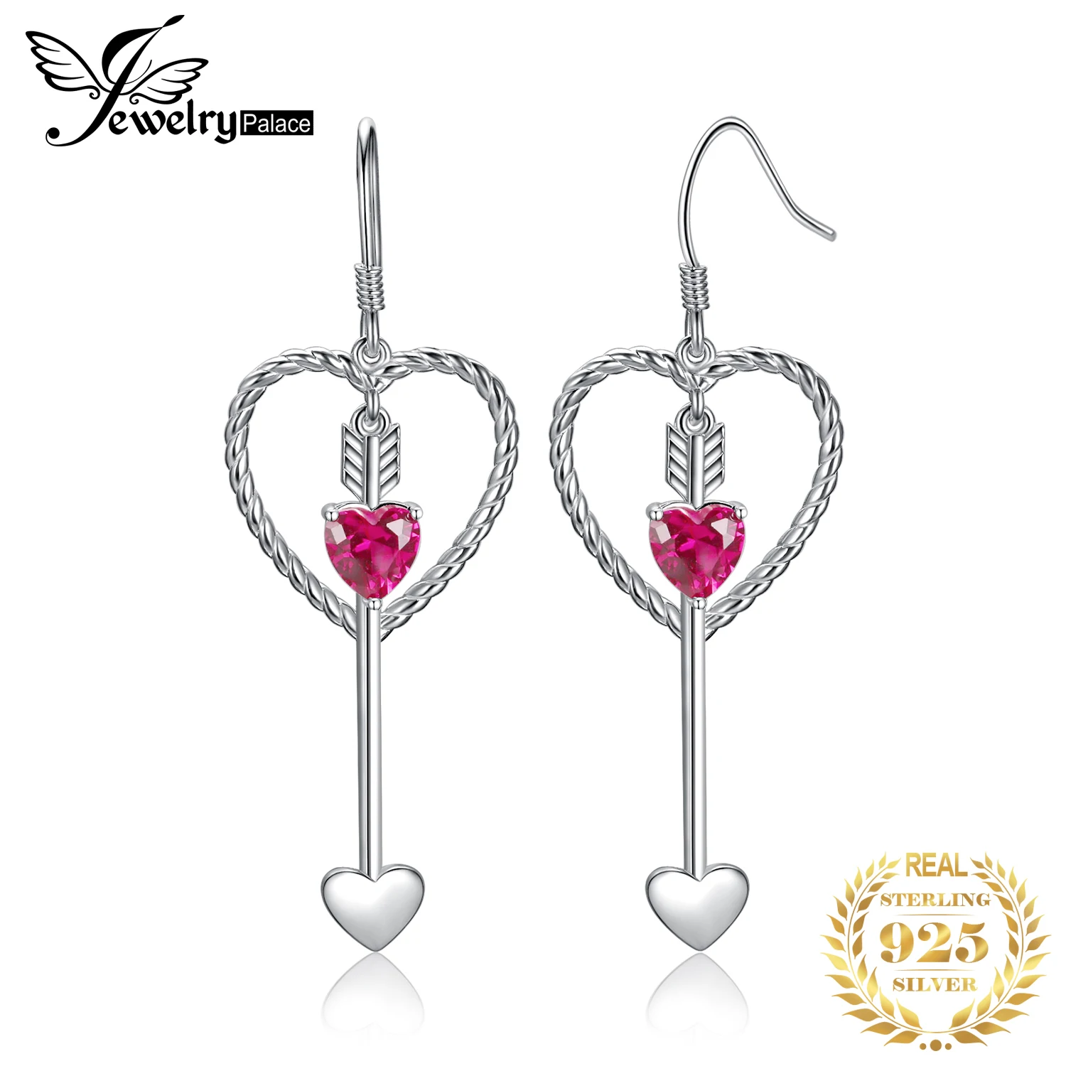 

JewelryPalace New Arrival Love Heart Cupid Arrow 1.8ct Ruby Color Cubic Zirconia 925 Sterling Silver Drop Earrings for Woman