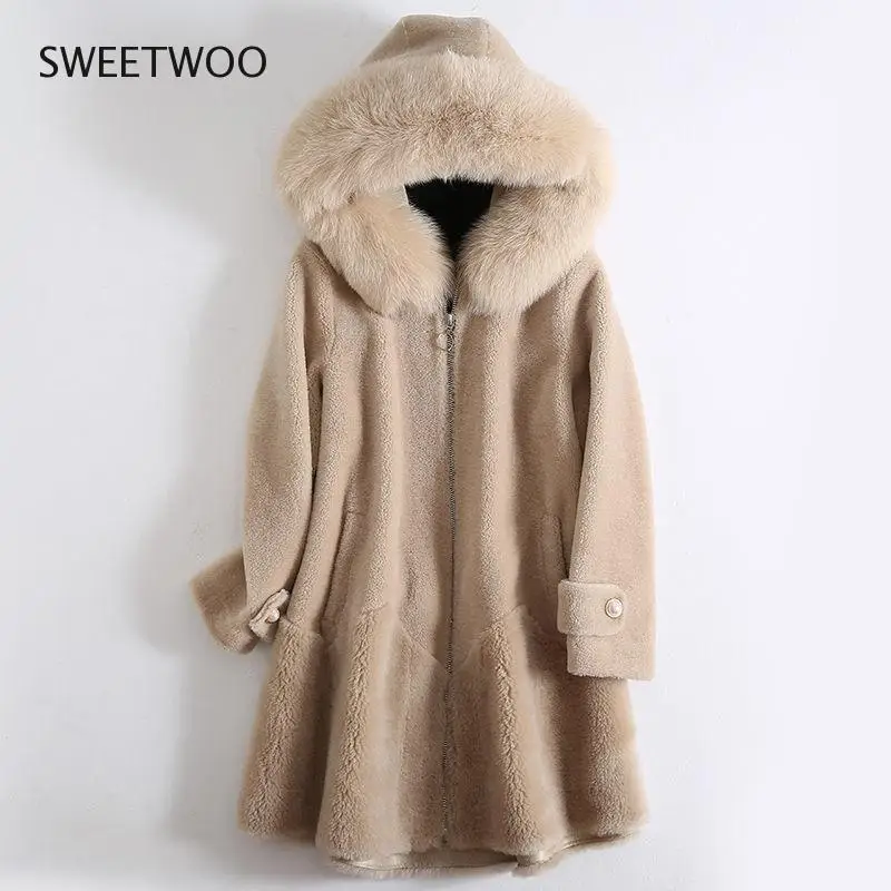 Women 2021 Winter Hooded Real Fur Coat Female Natural Sheep Sheared Fur Jacket Lady Warm Thick Fur Collar Oversize Outwear Slim