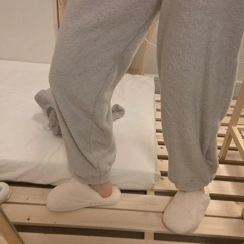 QWEEK Winter Women's Pajamas Gray Yellow Bear Embroidery Flannel Pijamas Round Neck Long Sleeved Trousers Pyjamas Sleepwear Cute