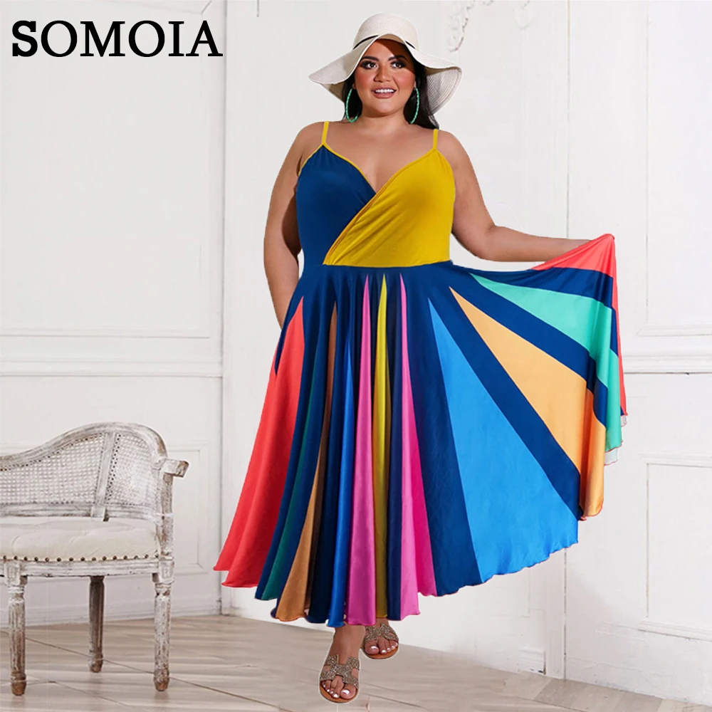 

Plus Size Summer Clothes Sexy Suspender Loose Draped Maxi Dress for Women Color Matching Street Casual Dresses Wholesale Items