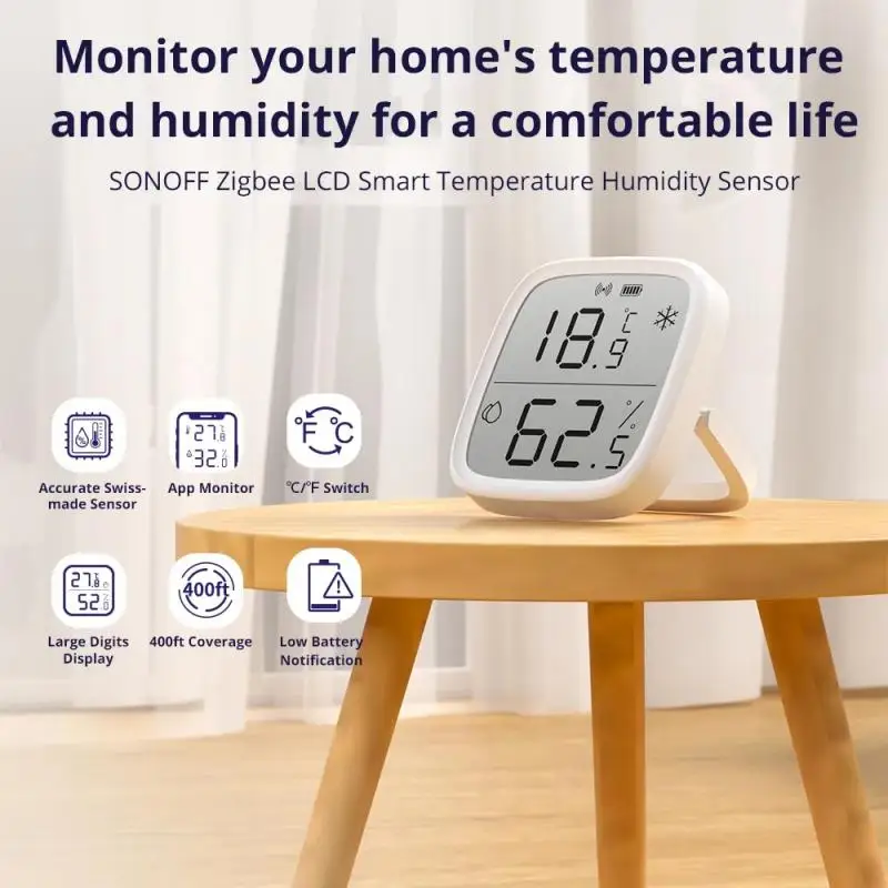 Фото SONOFF Zigbee Smart SNZB 02D — интеллектуальный датчик температуры и влажности с ЖК-экраном для мониторинга бытовых условий. №2