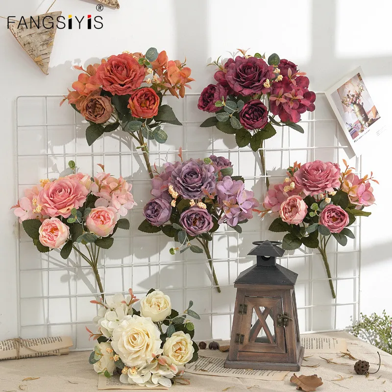

6 heads Artificial Flowers Hydrangea Retro Color Peony Bouquet Fake Peony Flower for Christmas Home Wedding Decoration 1 Bunch
