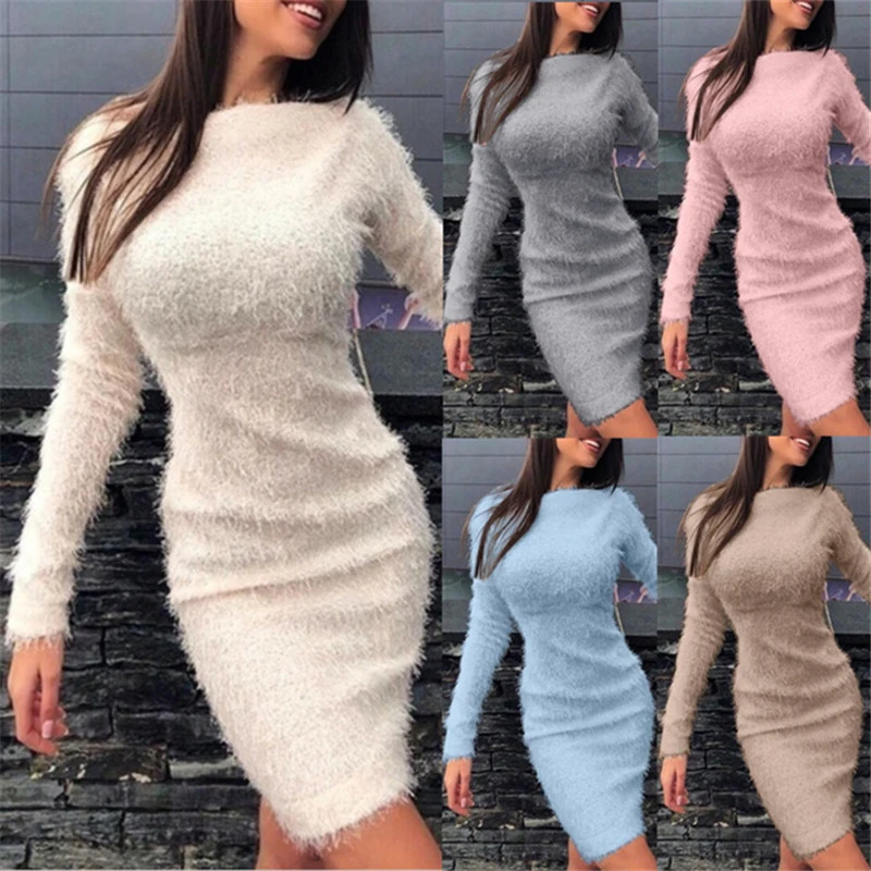 

Round Neck Long Sleeve Women Hairy Plush Bodycon Dress Gray Casual Autumn Winter Sheath Office Lady Solid Midi Dress Pullovers