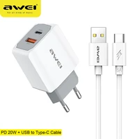 awei phone charger 20w pd usb type c wall adapter plug fast charging quick charge cables for iphone 12 13 pro max huawei xiaomi
