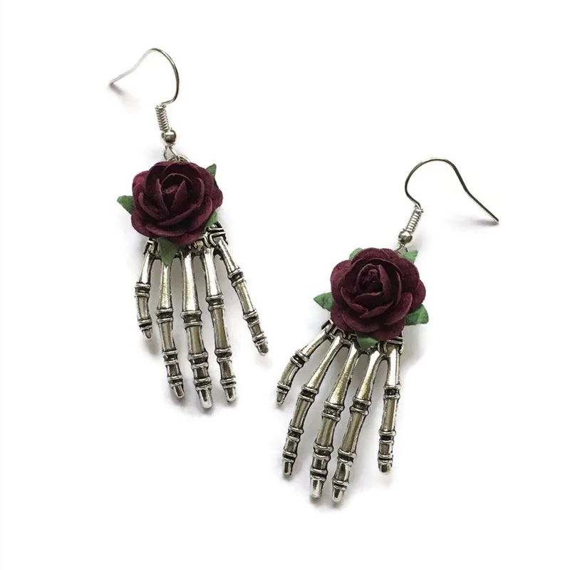 

New Skeleton Hand Red Rose Gothic Drop Earrings Halloween Vintage Ear Hook Earring Women's Jewelry Gift