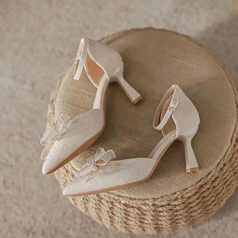 

Diamond Bow Tie Single Shoes Thin Heel Shoes High Heel Shoes 6.5cm Sandals 2023 Summer New Women's Party Wedding Shoes Sexy