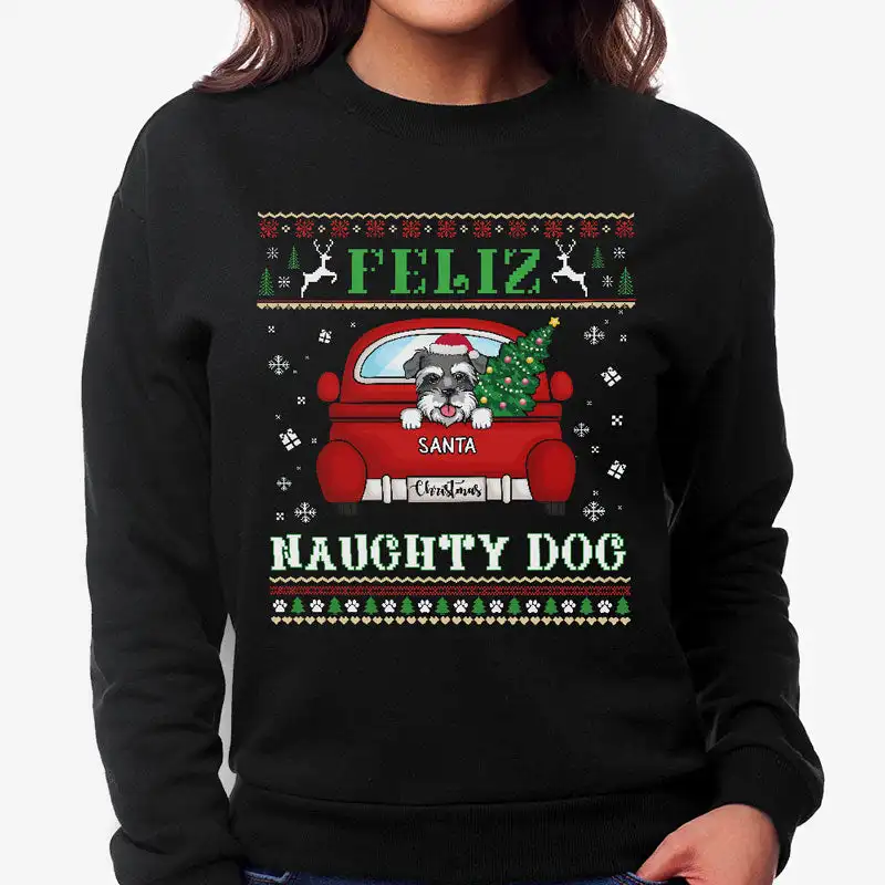 

Cotton Graphic Sweatshirts Long Sleeeve Print Feliz Naughty,Custom Sweaters,Christmas Gifts for Dog Lovers Pullover Tops