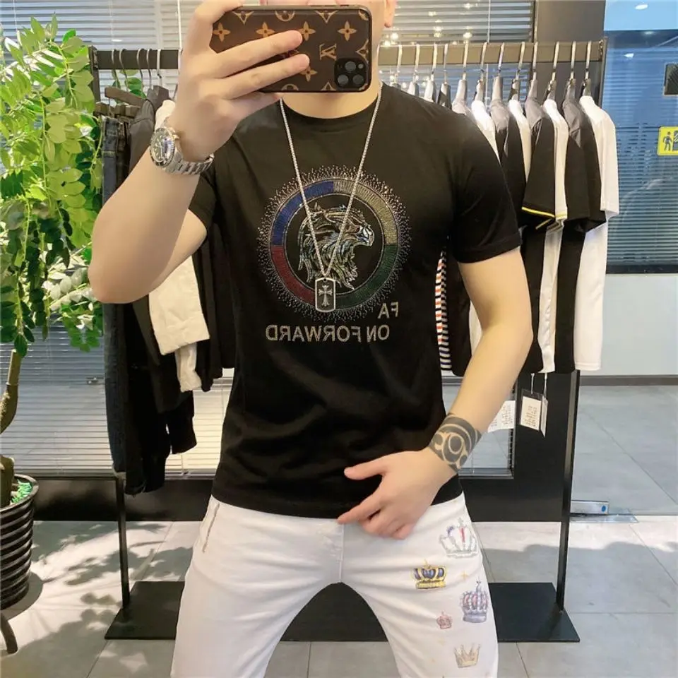 

Summer new men's round neck short sleeve T-shirt men's tide brand hot drill trend ice silk cotton T-shirt pullover top