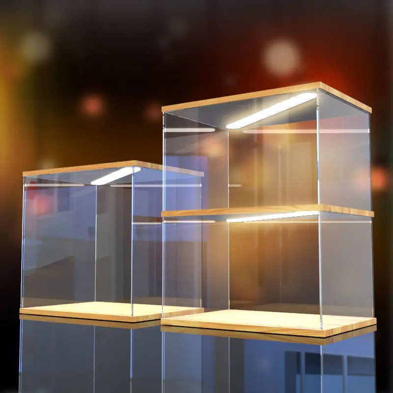 

Wood Acrylic Display Case with Lamp for Figures Toy Collectibles,ClearCountertop Display Box Organizer Stand Dustproof Showcase