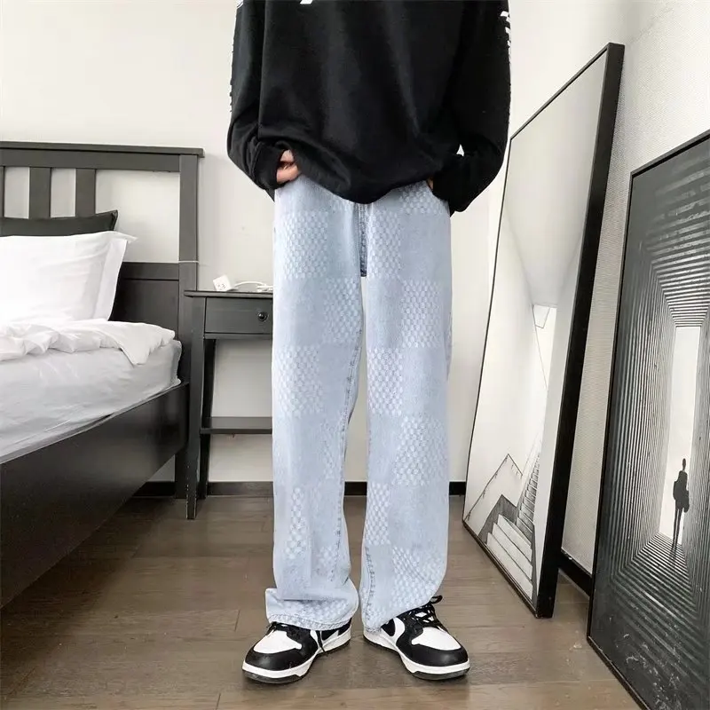 Mens Printed Jeans 2023 New Light Blue Straight Lift Pattern Loose High Street Casual Boyfriend Pants