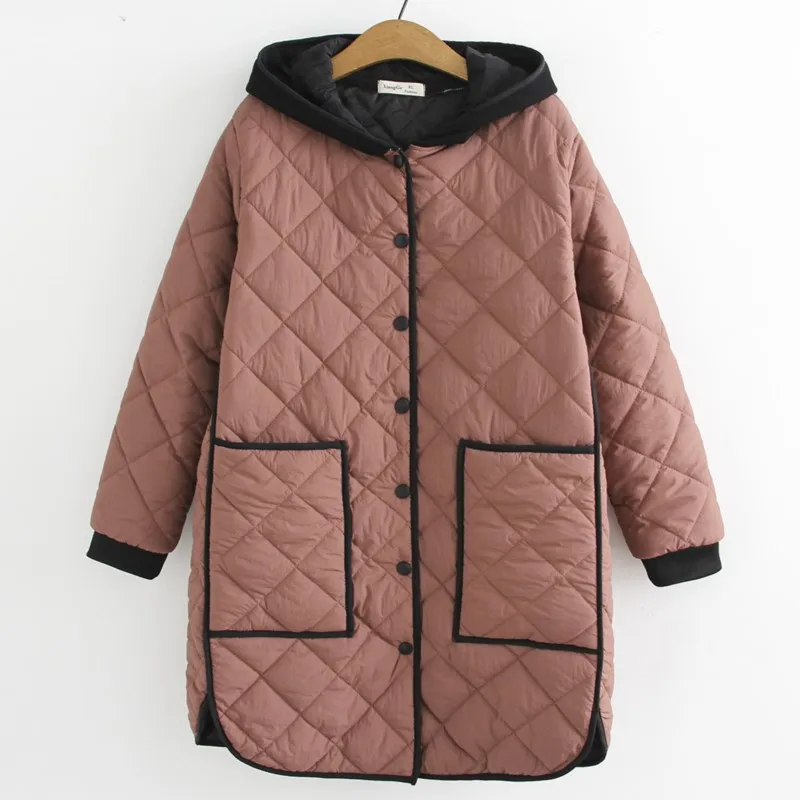 

Autumn Winter Women Parkas Plus Size Clothing Patchwork Padded Jacket Warm Loose Hooded Long Quilted Coat Casual Argyle Outewear