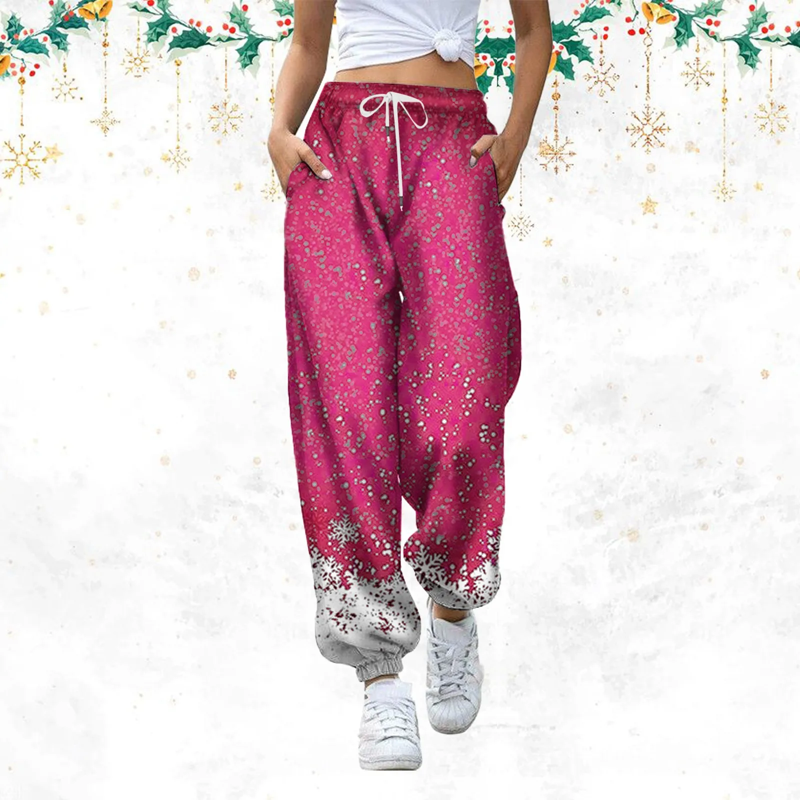 

Женские осенне-зимние удобные рождественские Брюки с принтом снежинок, повседневные свободные брюки для отдыха с поясом на резинке
