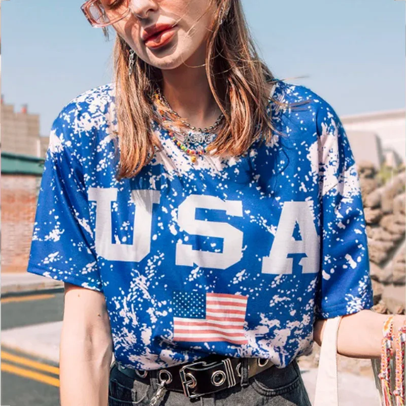 

Винтажные женские футболки буквы с американским флагом США, с принтом в виде галстука-бабочки, повседневный топ с круглым вырезом и коротки...