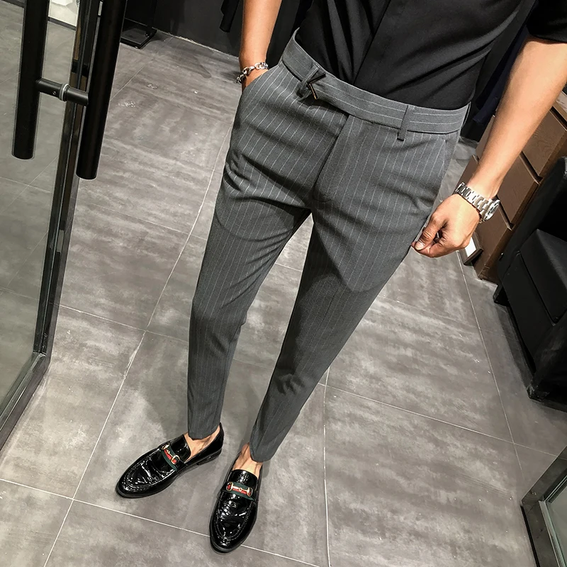 

Новинка Весна 2022 брюки в полоску с ремнем мужские костюмные брюки в британском стиле мужские деловые Брюки зауженные офисные брюки