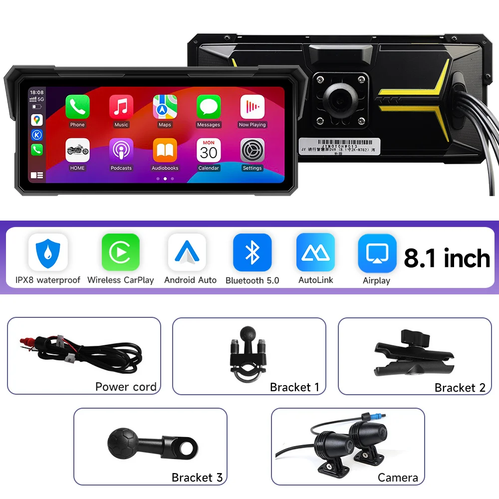 

8,1-дюймовый навигационный экран для мотоцикла, беспроводной CarPlay Android Auto 2K HD IPX8, водонепроницаемый мультимедийный плеер, рекордер, Bluetooth