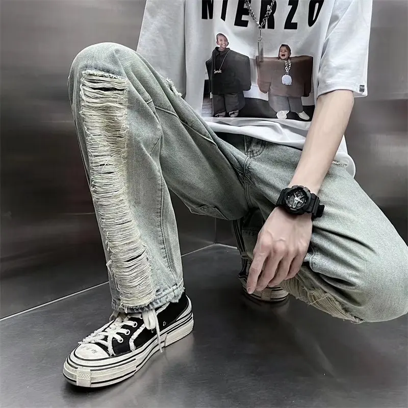 2022 Ropa Hole Ripped Vintage Grunge Men Slim Jeans Pants Streetwear Distressed Washed Hip Hop Denim Trousers Pantalones Hombre