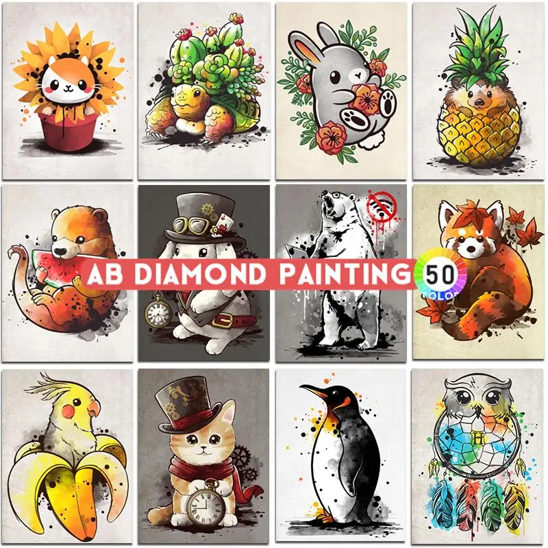 AB Diamond Painting Kit Cartoon Parrot Rabbit Tortoise Dog Owl Raccoon Cat Mosaic Embroidery Cross Stitch Stickers Home Decor