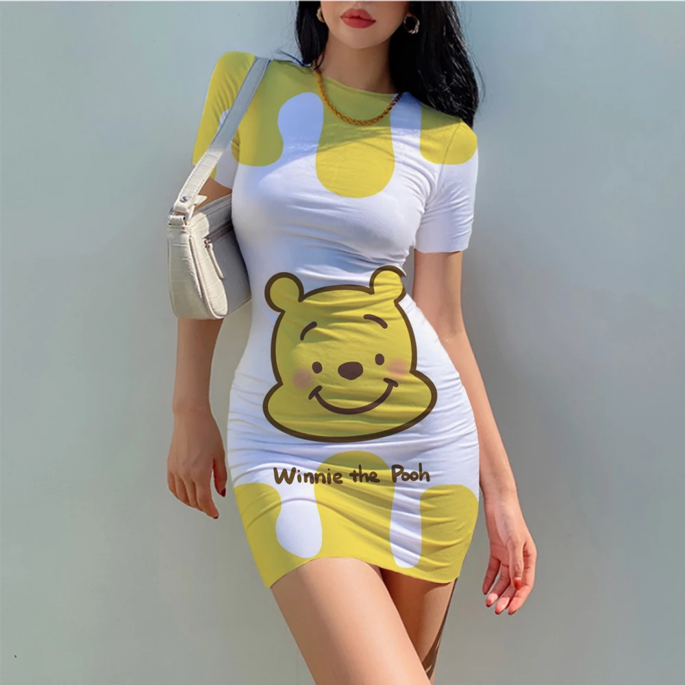 

Disney Winnie the Pooh Women Sexy Dress Cartoon 3d Print Club Party Fashion Dresses Bodycon Short Sleeve Dress Slim Vestido