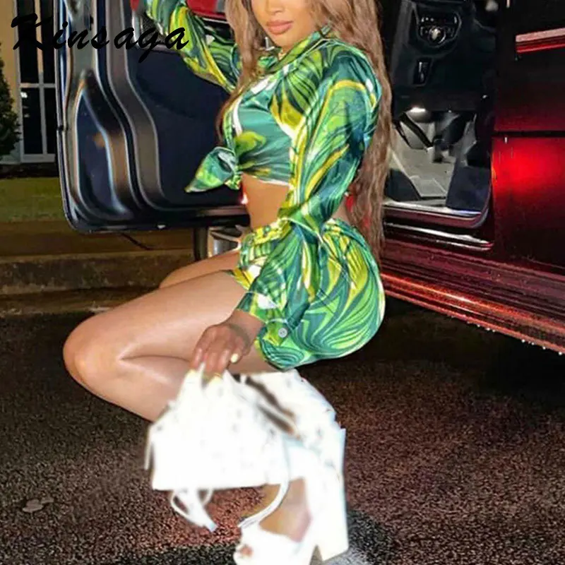 

Комплект из двух предметов Женский, Зеленый Топ с длинным рукавом и принтом в стиле Харадзюку и шорты с Боковым Разрезом, пляжная одежда, осе...