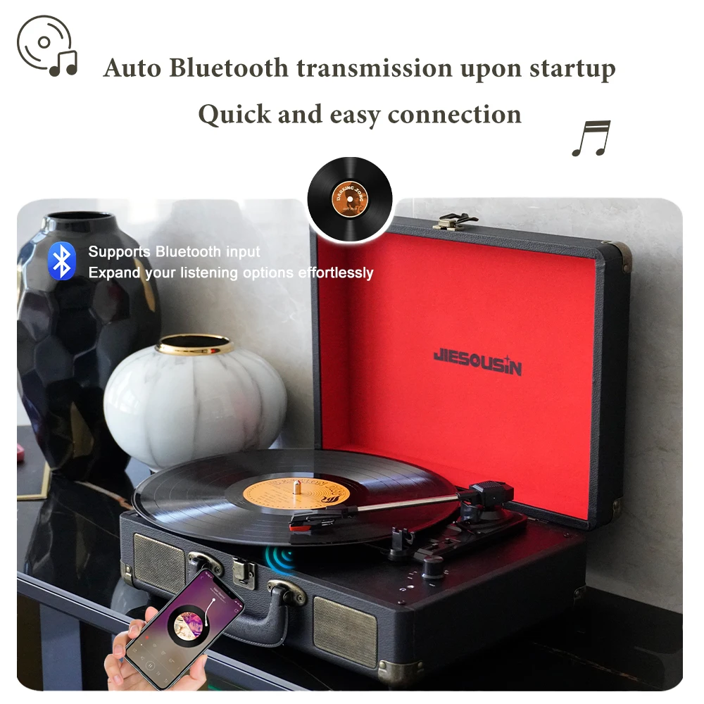 Фото Винтажный 3-скоростной Bluetooth-портативный проигрыватель виниловых пластинок Встроенные динамики Модернизированный звуковой проигрыватель №3
