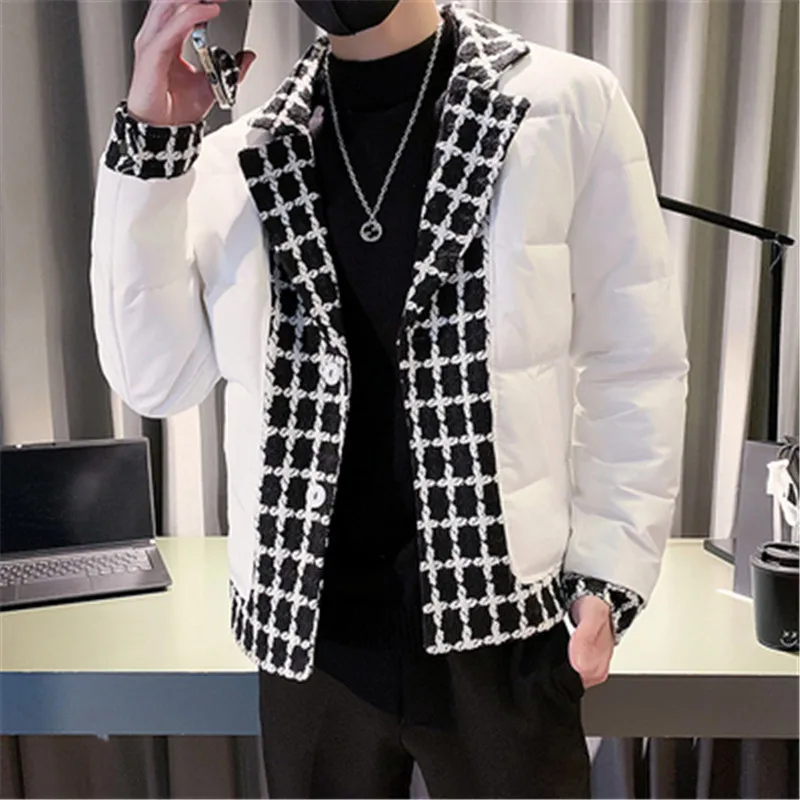 Heated Jacket Winter for Men Overcoat Patchwork Plaid Designer Long Sleeve Lapel Collar Casual Korean Style Parkas Man Clothing