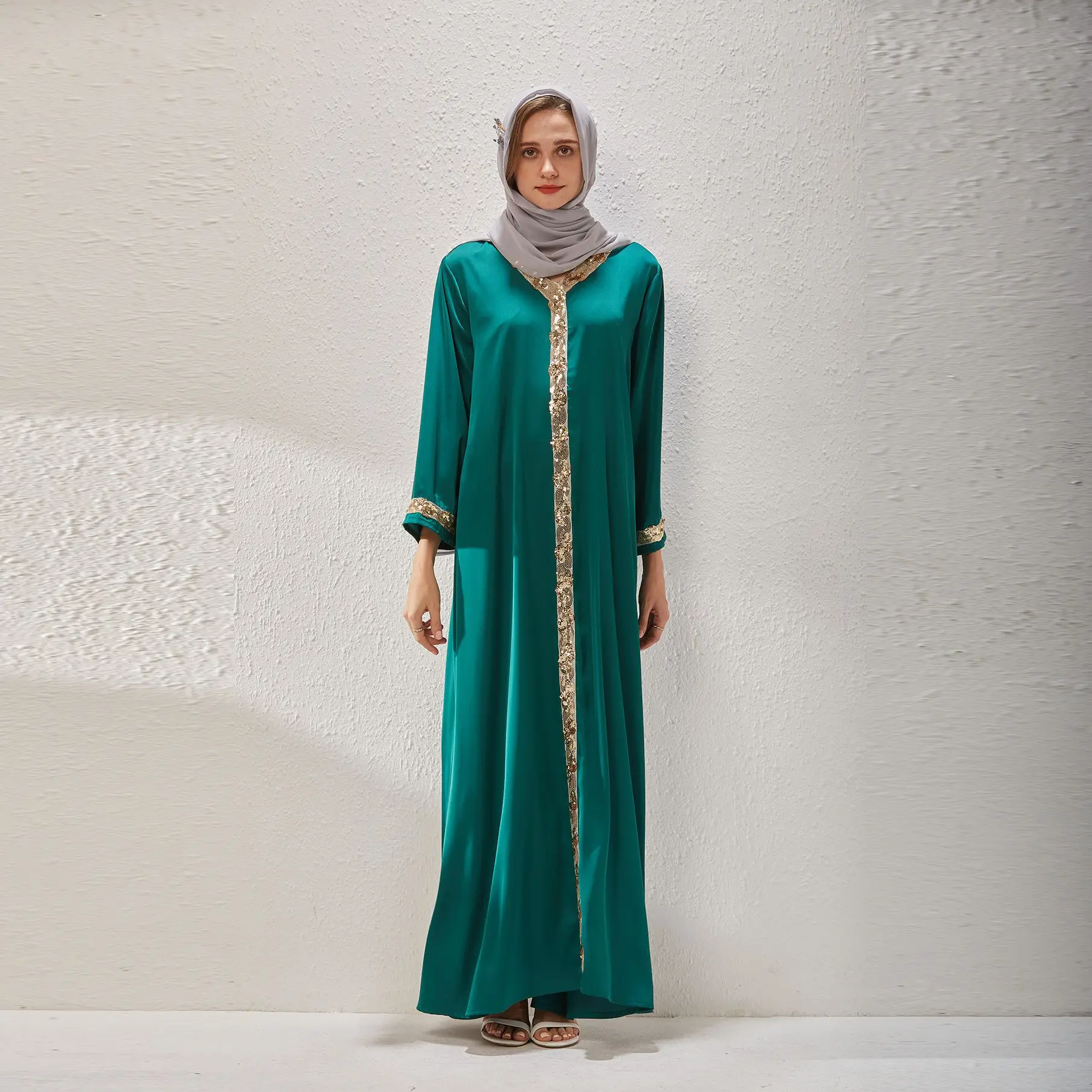 Robe Femme Musulmane 2022 Muslim Arab Sequins Long Sleeve V-neck Casual Loose Elegant Female Abayas For Women