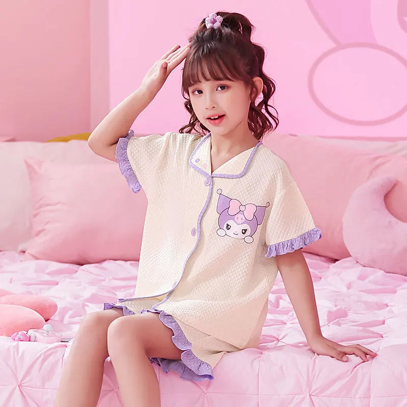 

2023 New Sanrio Kuromi Cinnamoroll Cartoon Cute Childrens Pajamas Girls Summer Short-Sleeved Shorts Home Service Suit