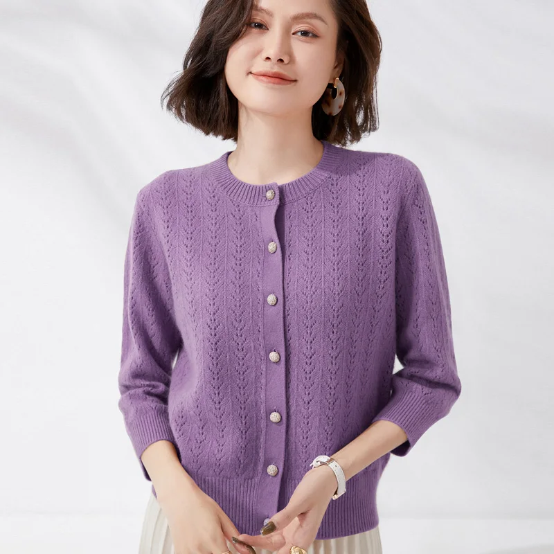 

100% Wool Knitted Cardigan Women's Hollow Jacket 22 Spring and Autumn Short High Waist Seven Quarter Sleeve Cashmere Sweater Top