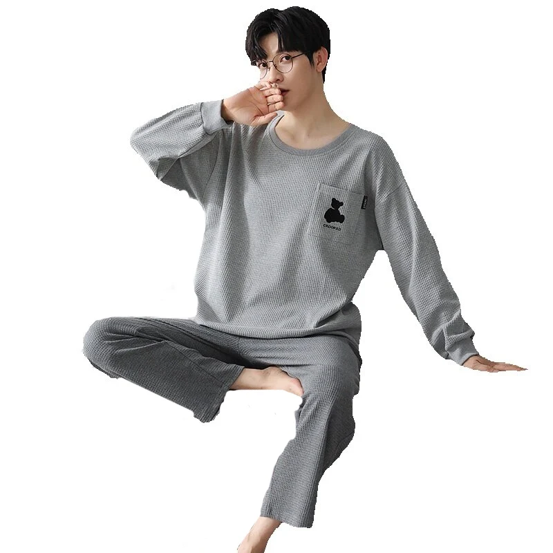 QUHENG Men's Cotton Pajamas Set Long Sleeved Trousers Nightwear Home Wear Suits Simple Fashion Sleepwear for Men Home Clothing