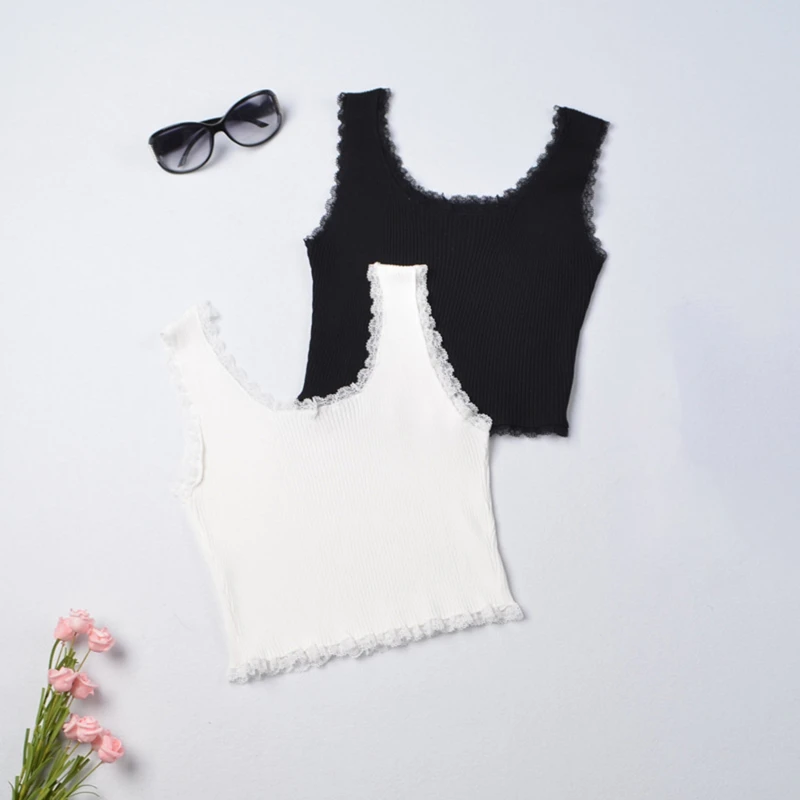 

Lace Tank Top Women Summer Crop Top Ladies T Shirt Casual Cropped Skinny Girls Knit Vest Corset Tops Camisetas Mujer Verano 2023