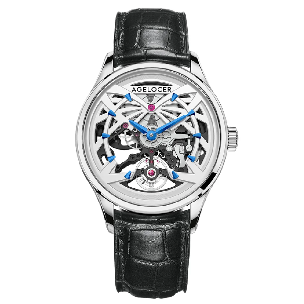 

AGELOCER Brand Skeleton Mechanical Watch Men Automatic Power Reserve Silver White Leather Wrist Watches Reloj Hombre