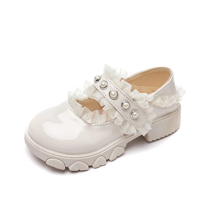 

Girls Pearl Leather Shoes 2022 Spring Fashion Children's Solid Beautiful Lace Bow Shoes Kids Temperament Princess Shoes