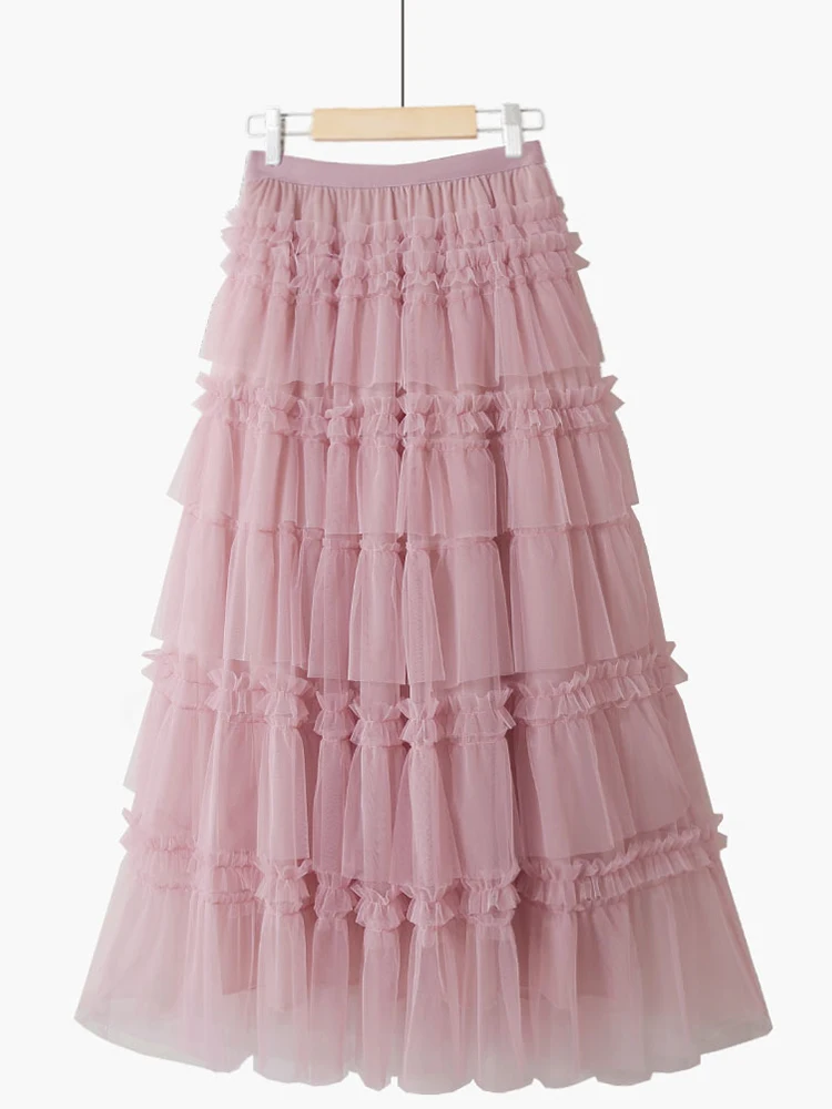 

Nowsaa Maxi Tulle Skirt Women Korean Fashion Princess Fungus Solid Pink Mesh Tiered A Line High Waist Pleated Long Skirt Female