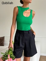 hollow out crop top women summer fashion clothes green sleeveless vests solid color tank and camis off shoulder tops for women