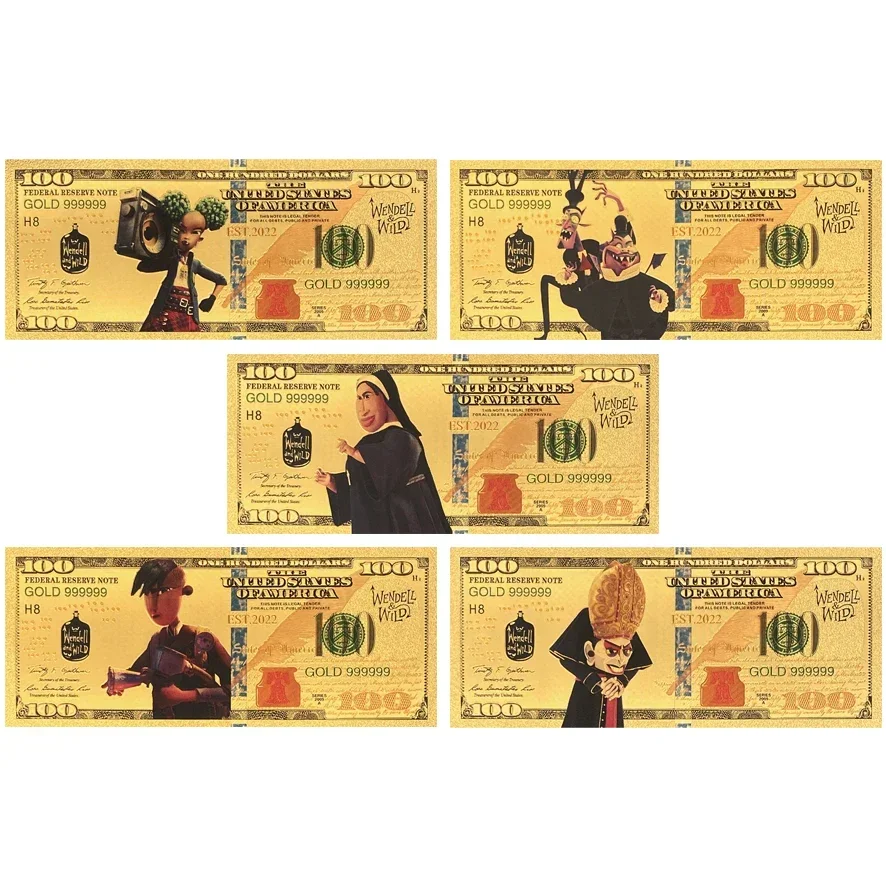 5 Designs Wendell and Wild One Hundred US Dollar Gold Banknote for Great Kids Gift Collection