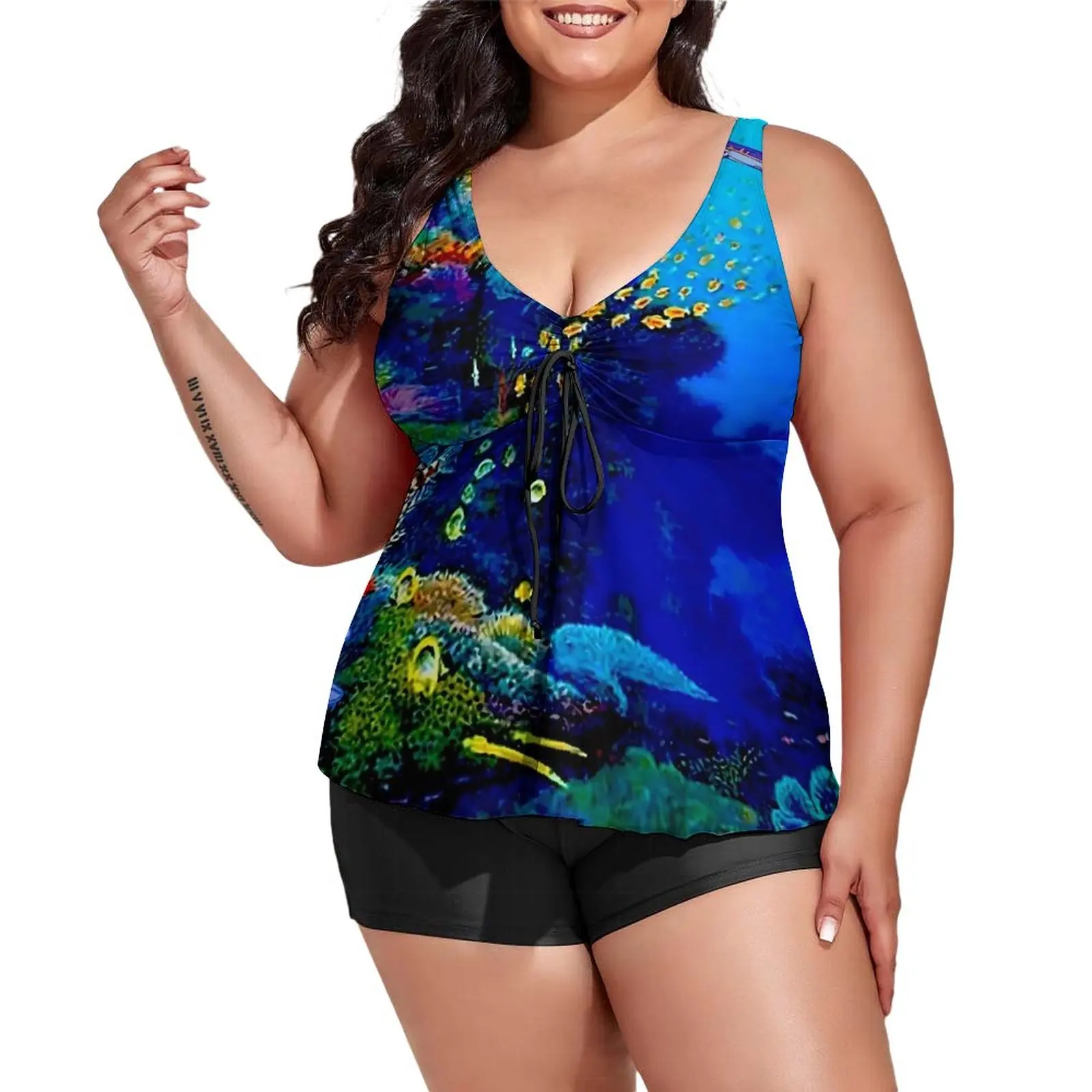 

Tropical Marine Swimsuit Deep Blue Sea Two-Piece Tankini Swimwear Colorful Bathing Suits Plus Size Graphic Fitness Beach Wear