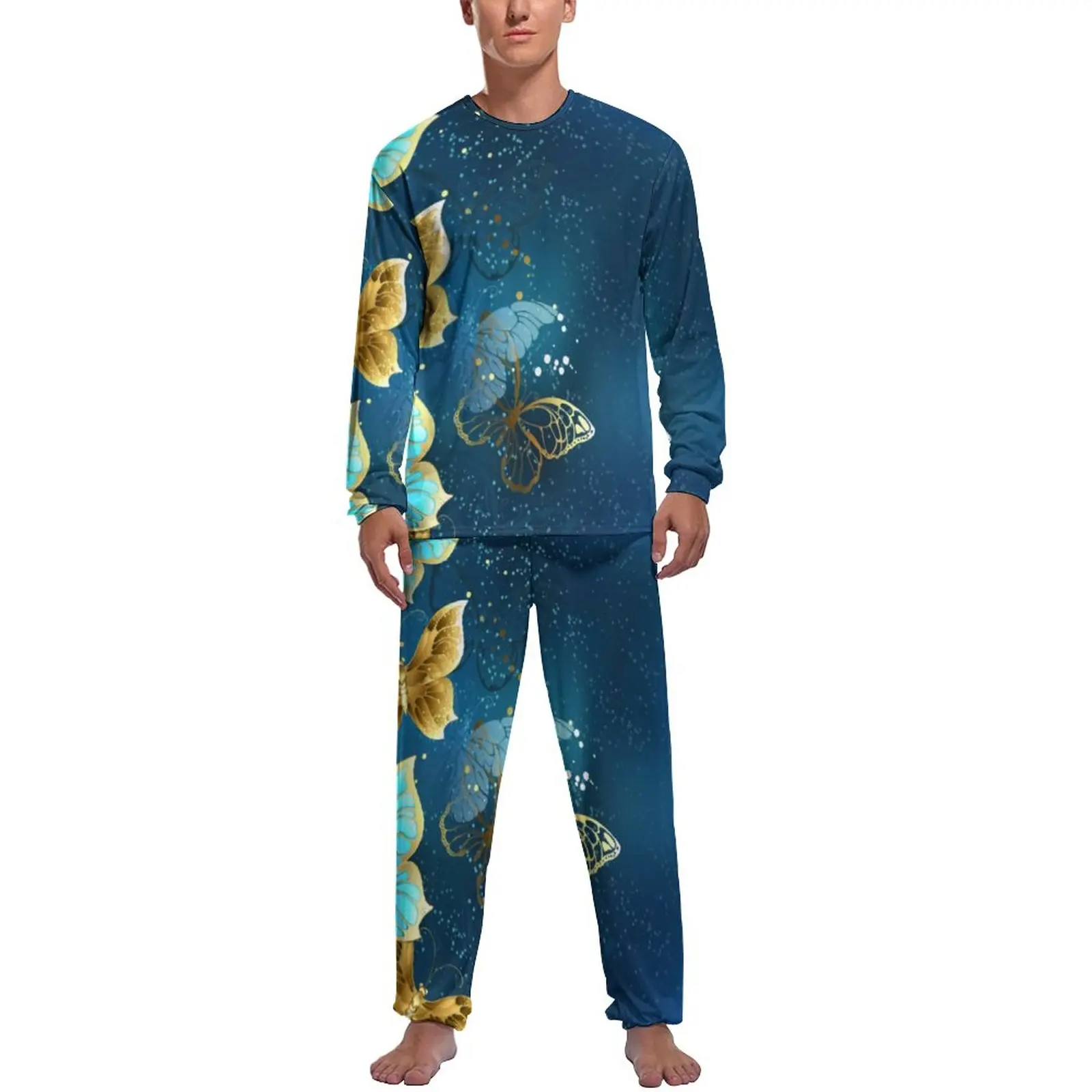 Retro Steampunk Pajamas Golden Butterflies Men Long Sleeve Cute Pajama Sets 2 Pieces Night Spring Design Nightwear Gift