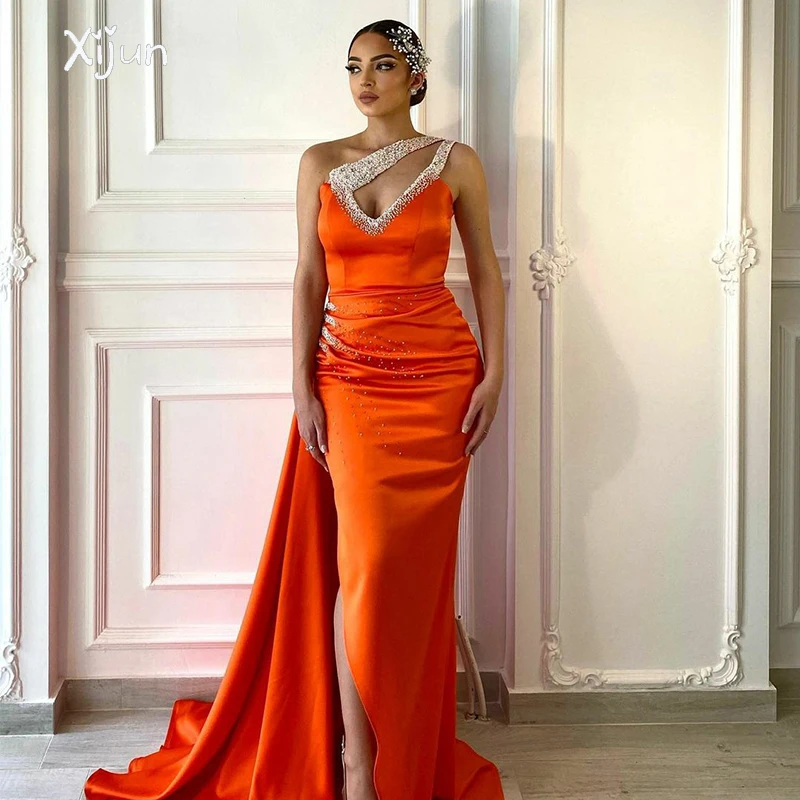 

Xijun Orange Beading Mermaid Evening Dress Shiny Pearl Sleeveless Prom Gowns One Shoulder Saudi Arabia Party Dress For Women