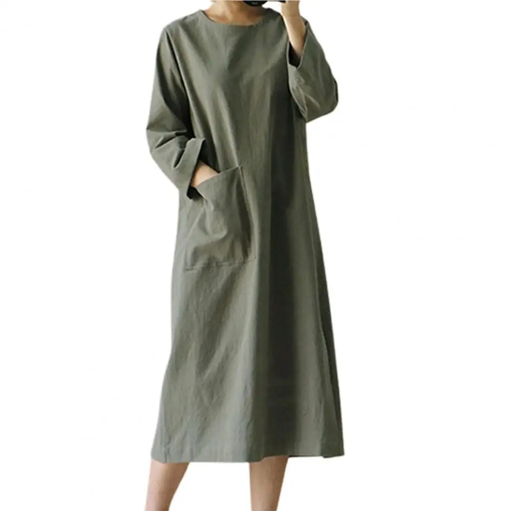 

Women Dress Round Neck Single Pocket Solid Color Long Sleeve Casual Dress for Streetwear 2022 Spring Autumn Robe Pocket Sundress