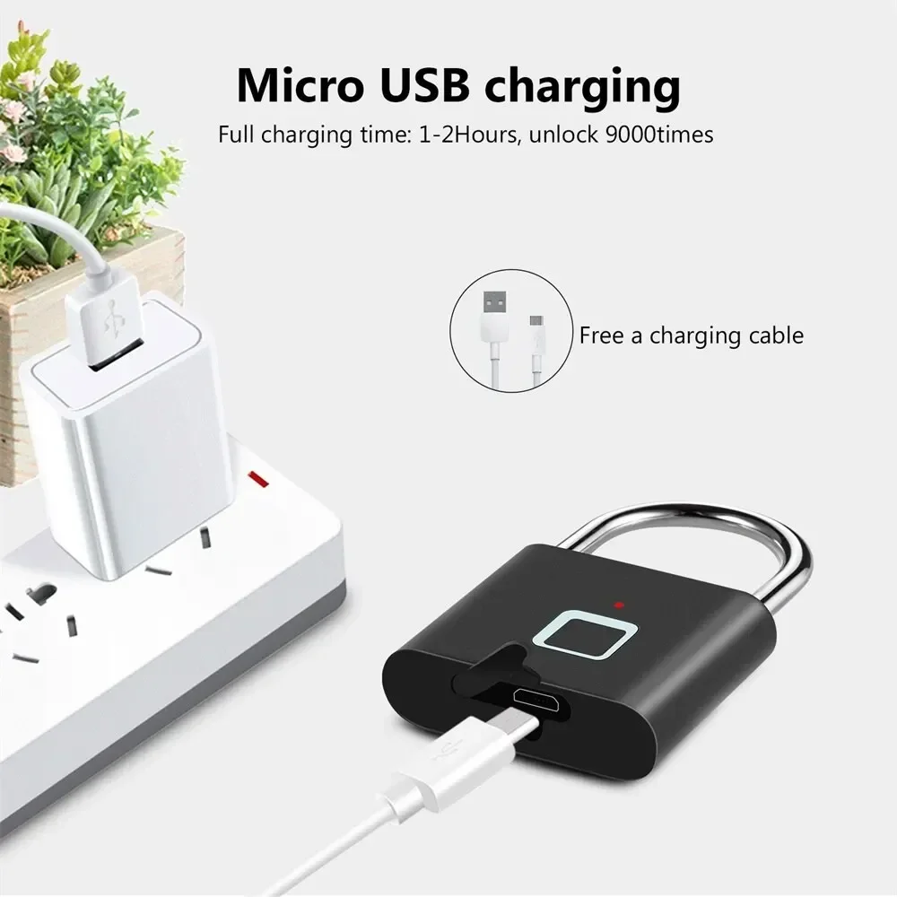 Фото Умный замок с зарядкой через USB без ключа на открытом воздухе, навесной замок с отпечатком пальца, водонепроницаемый дверной замок, разблокировка 0,2 с, портативный противоугонный замок, цинк №5