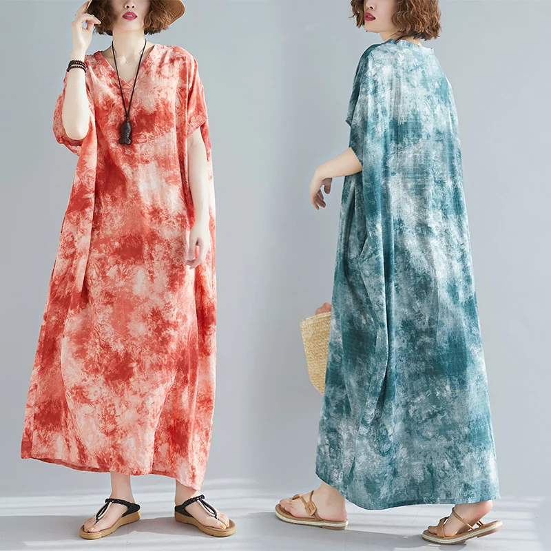 

Summer Cotton Tie-dyed Kaftan Cover Up Beachwear Dress Retro Robe Loose Casual Sundress V Neck Plus Size Bohemian Long Dress