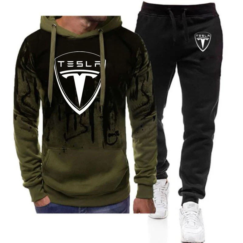 

2022 New Men's Tesla Casual Comfort 2 Piece Sportswear Gradient Sweater + Pants Pullover Hoodie Sportswear Suit Clothes
