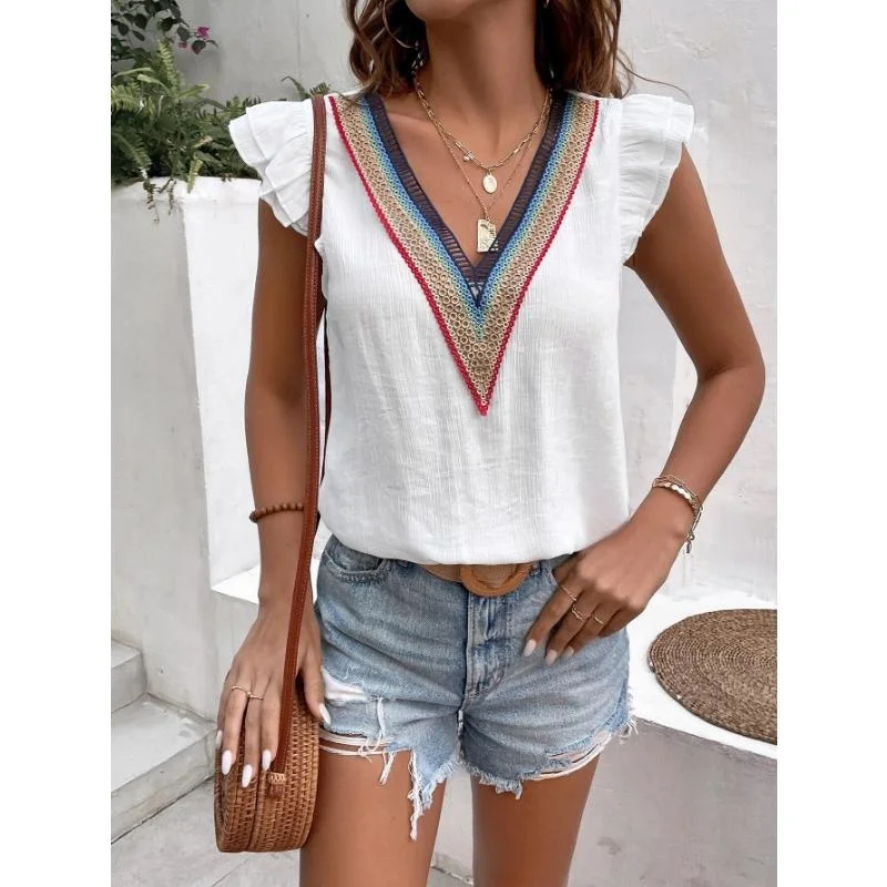 

Fashion Girls Summer Solid Color T-Shirts Deep V Neck Flying Sleeve Loose Pullovers Top Women Casual Loose Oversized Tops Tees