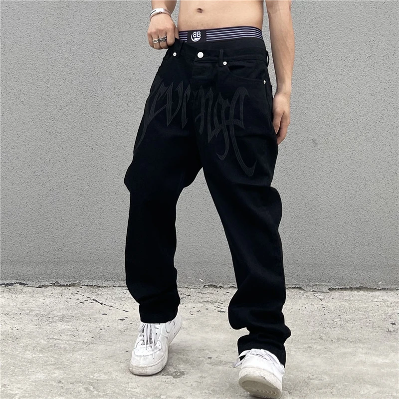 Y2K Men Jeans Embroidery Low Waist Jean Fashion Hight Street Denim Pant Loose Straight Pants Hip Hop Streetwear Black Clothings