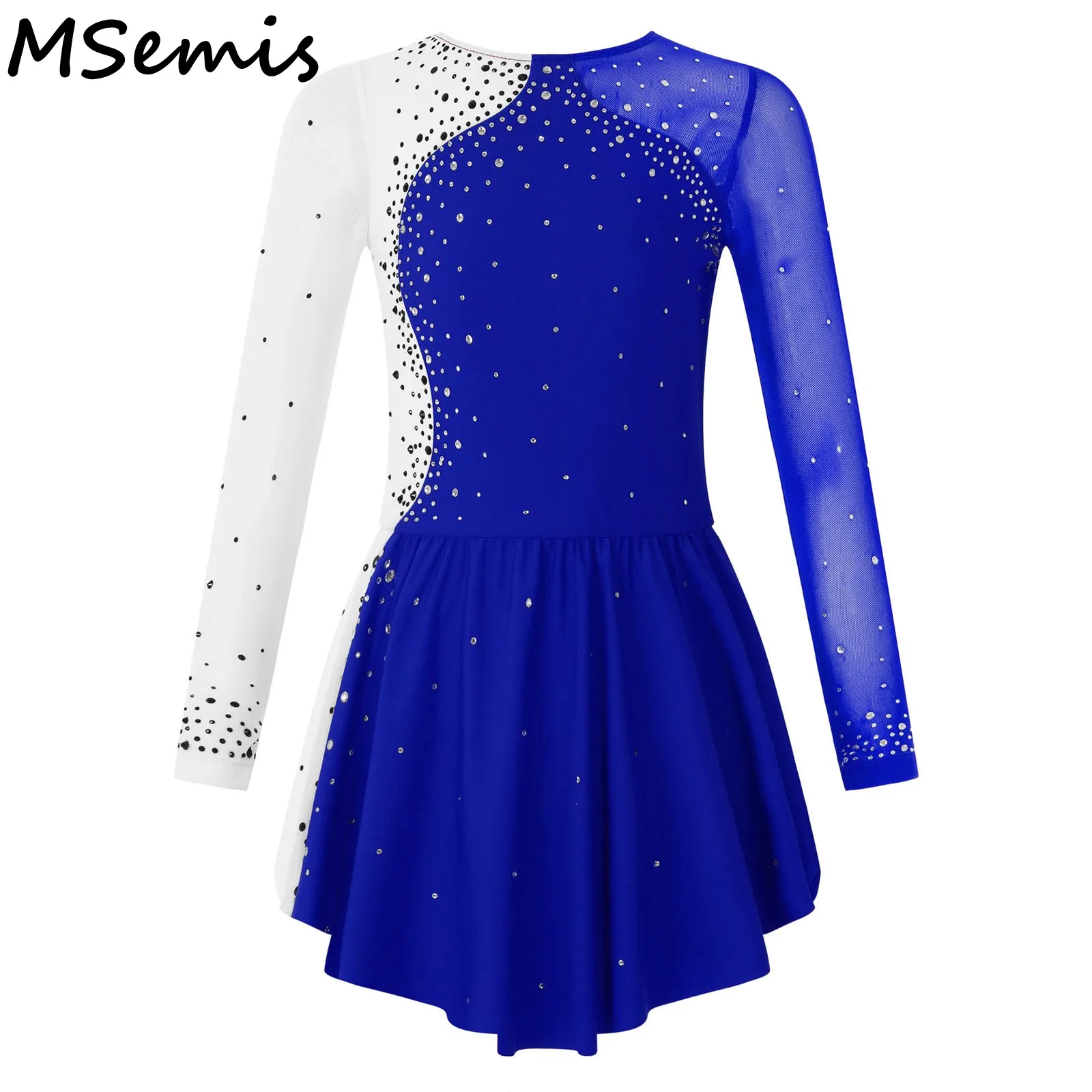 

Kids Girls Shiny Rhinestone Decorated Dance Dress Stylish Clothing Long Sleeve Round Neckline Patchwork Contrast Color Skating